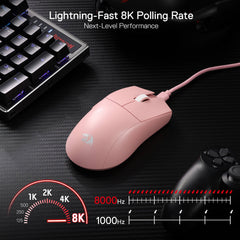 The pink M996 mouse on a desk featuring lightning-fast 8K polling rate.