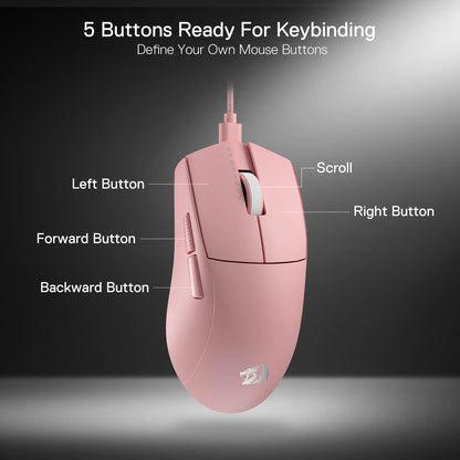 Pink M996 5 Buttons Ready For Keybinding, left button, forward button, backward button, right button, scroll.