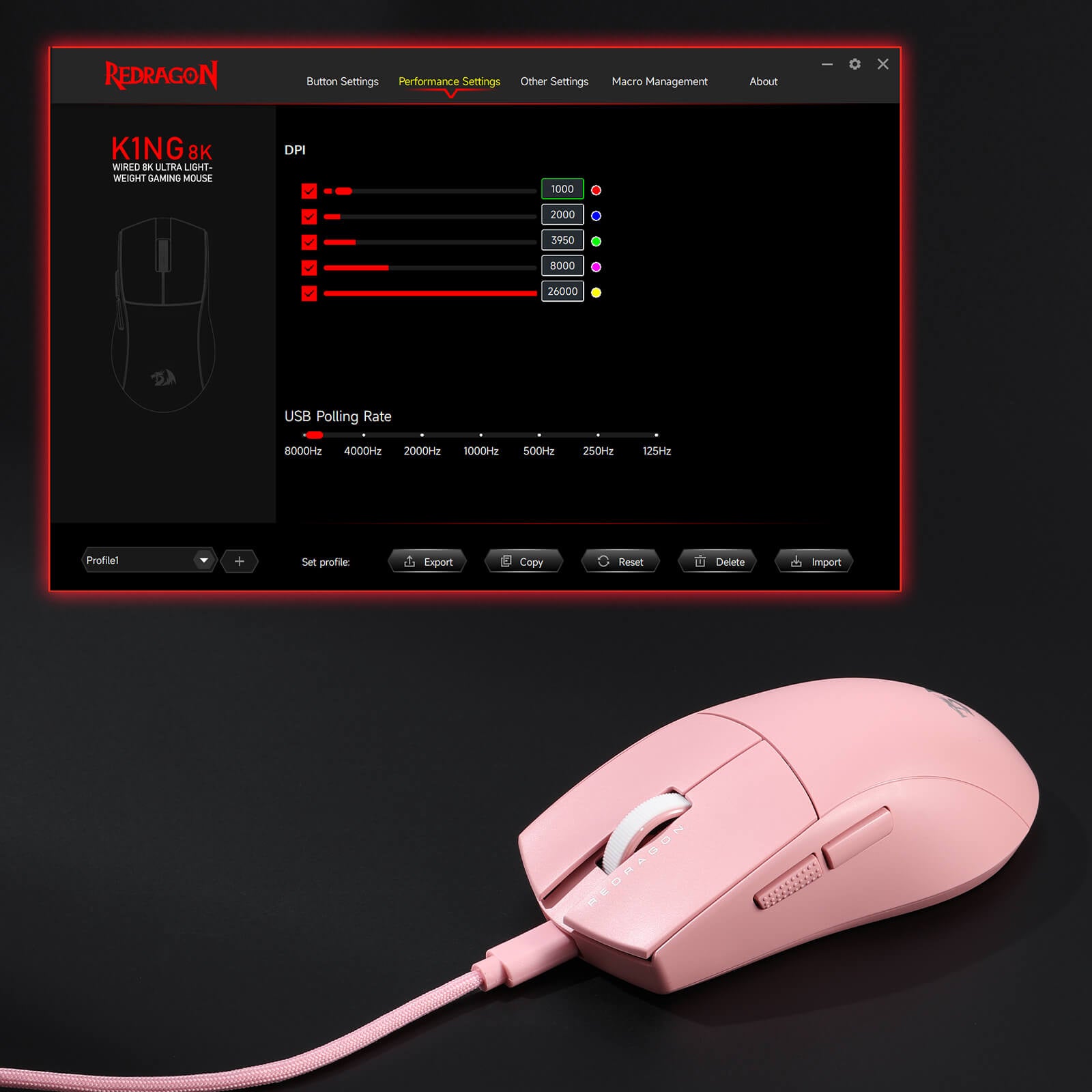 Software interface showcasing the pink M996 mouse.