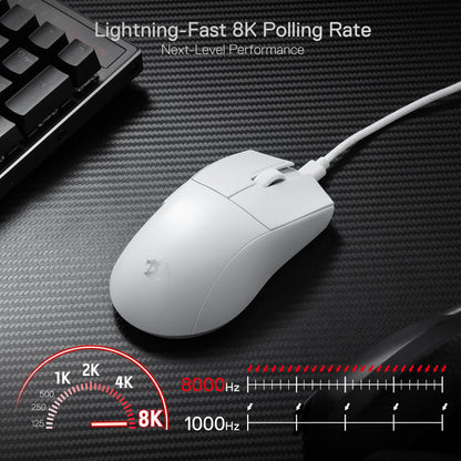 The white M996 mouse on a desk featuring lightning-fast 8K polling rate.