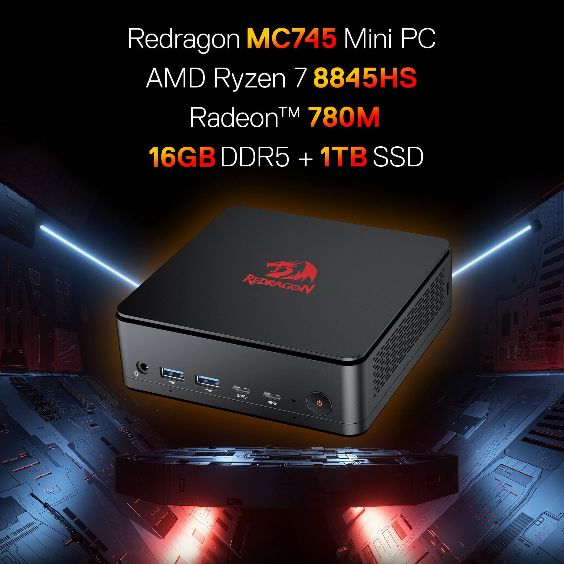 Redragon mini PC with specifications on a dark background