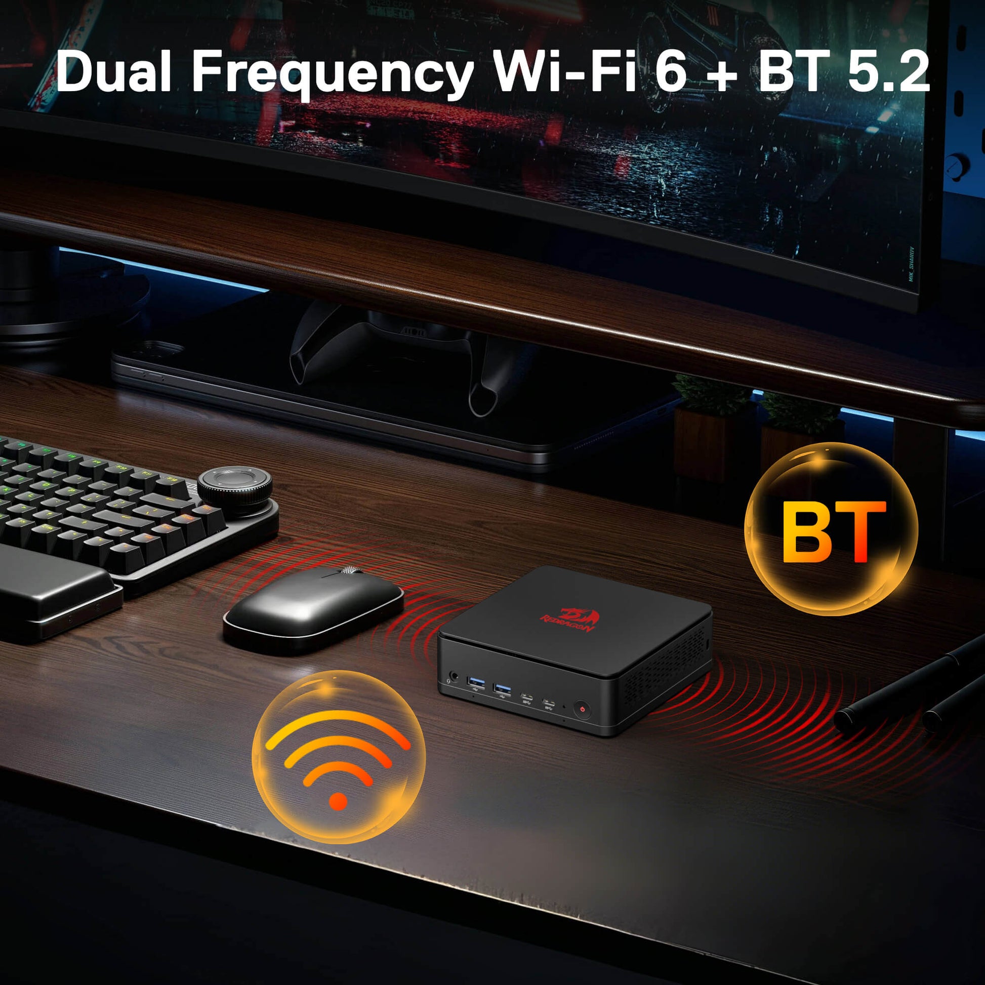 Computer setup with dual frequency Wi-Fi 6 and BT 5.2 on a desk.
