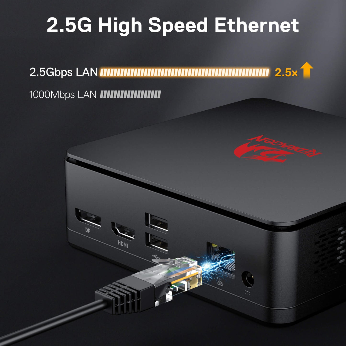Black electronic device with 'NVIDIA' branding, connected to a cable, on a dark background with text about 2.5G high-speed Ethernet.