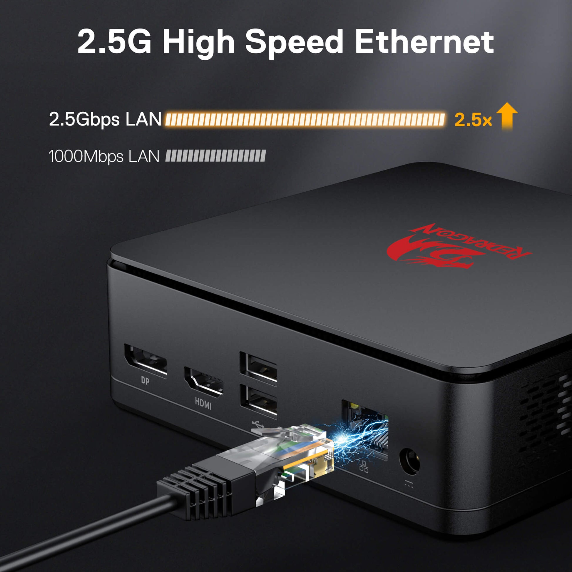 Black electronic device with 'NVIDIA' branding, connected to a cable, on a dark background with text about 2.5G high-speed Ethernet.