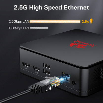 Black electronic device with 'NVIDIA' branding, connected to a cable, on a dark background with text about 2.5G high-speed Ethernet.