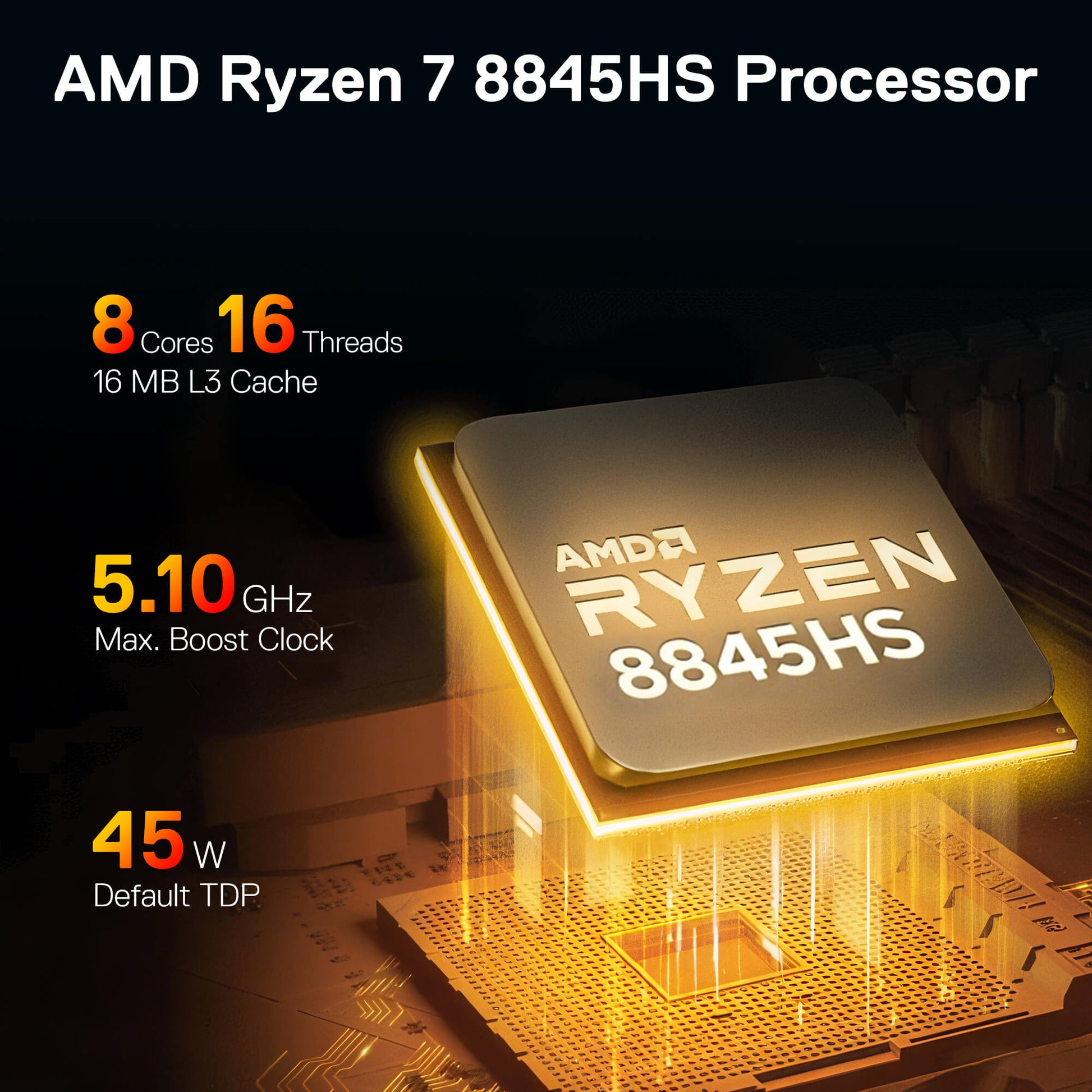 AMD Ryzen 7 8845HS processor on a dark background with specifications displayed.