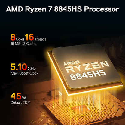 AMD Ryzen 7 8845HS processor on a dark background with specifications displayed.