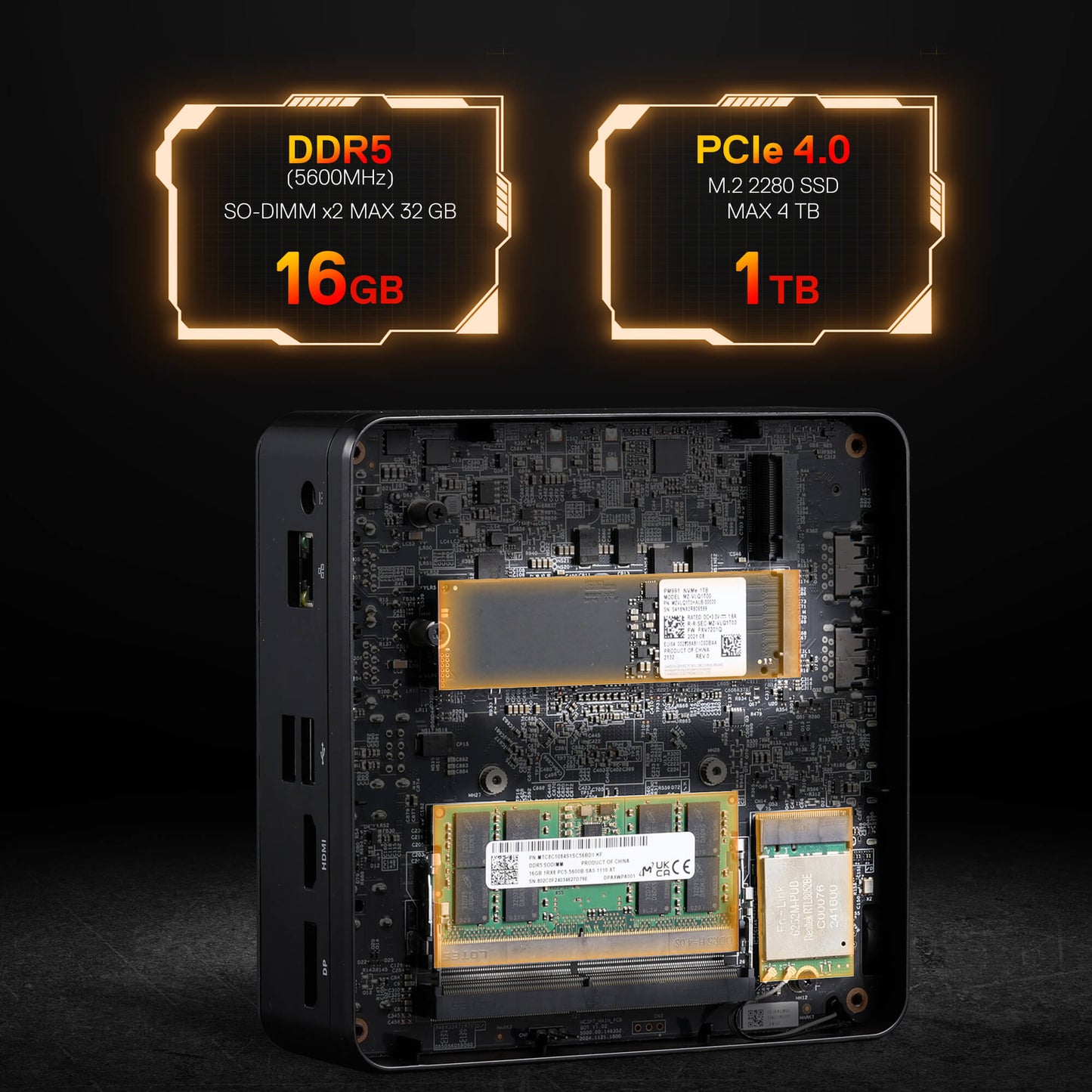 Computer hardware components including DDR5 RAM and PCIe SSD on a dark background