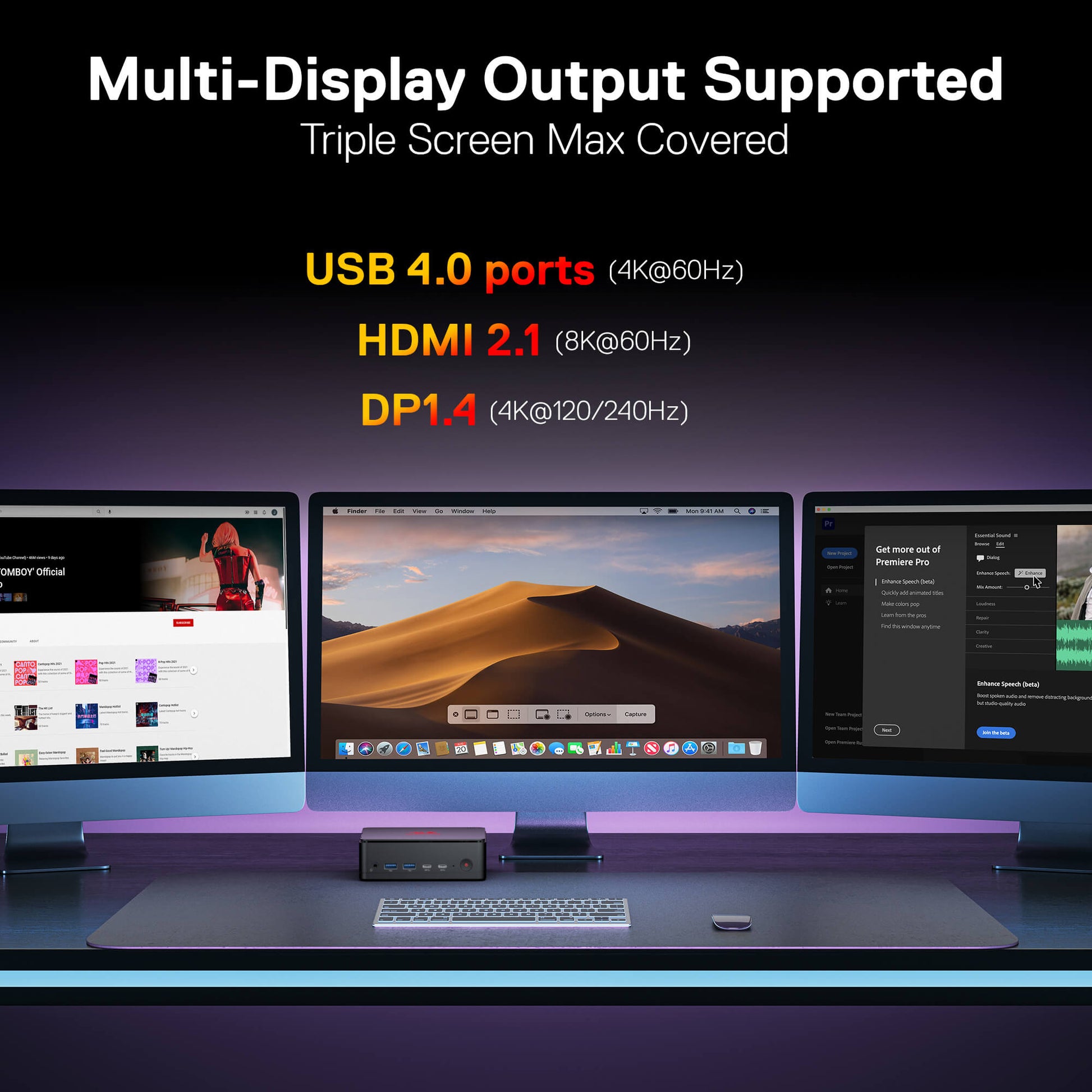Multimonitor setup with text highlighting supported display outputs on a dark background