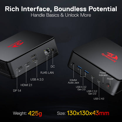 Two black electronic devices with labeled ports on a dark background, featuring the Redragon logo.