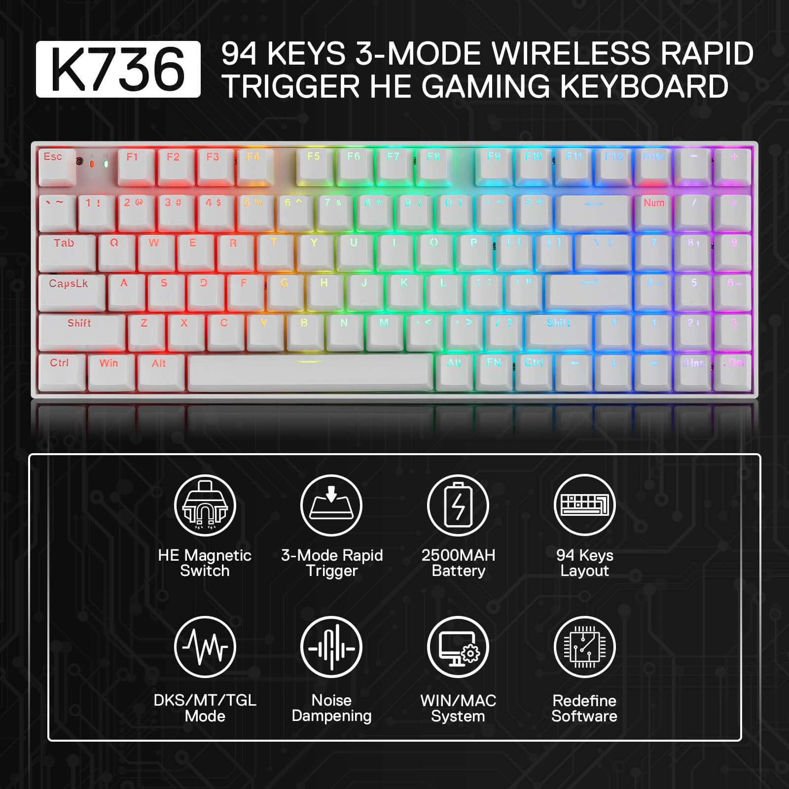 Redragon K736 PRO Rapid Trigger Wireless Gaming Keyboard, 90% 94 Keys 3-Mode Mechanical Keyboard w/Hyper-Fast Actuation, Dedicated Magnetic Switch, Actuation Point Adjustable, 8K Hz Polling Rate,White