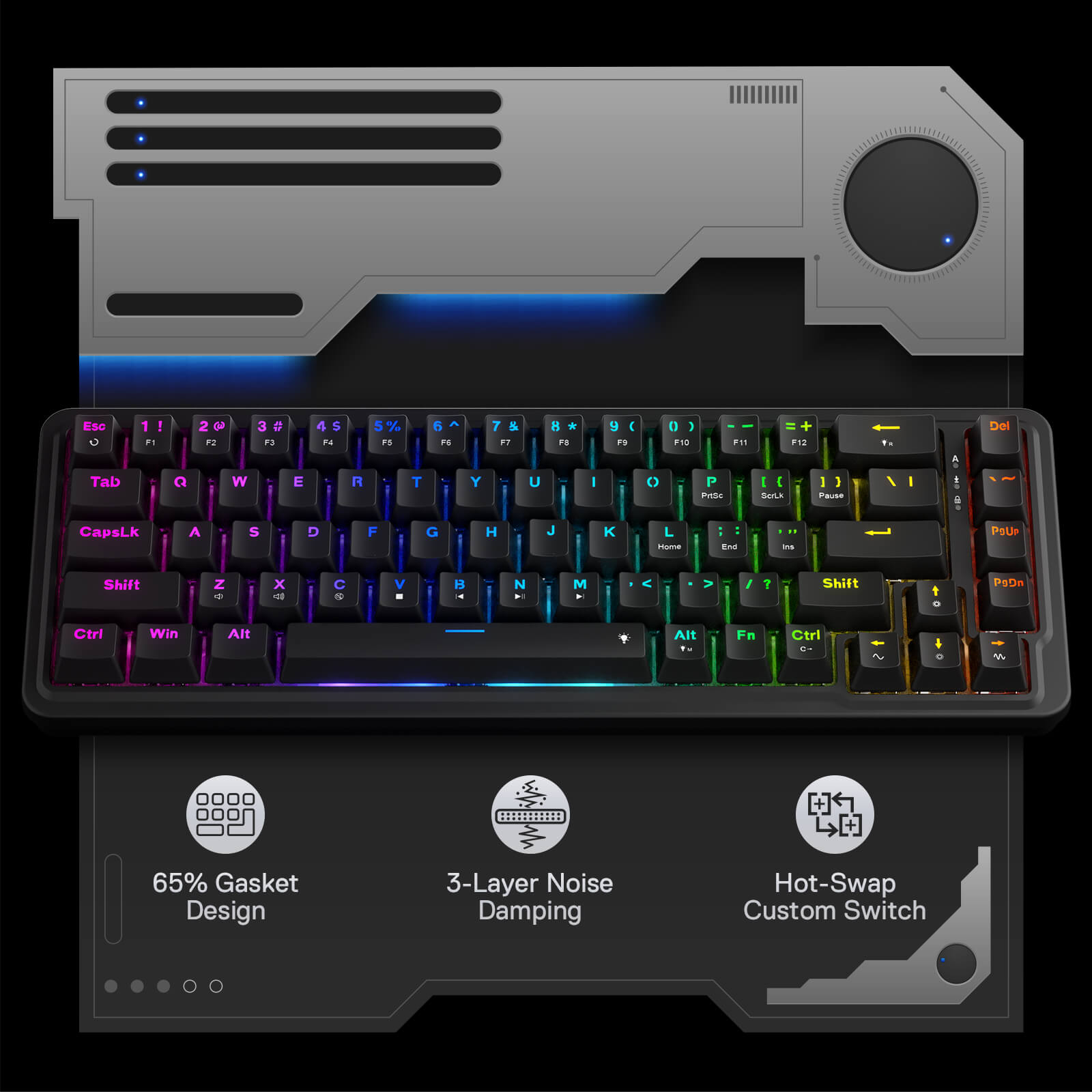 Redragon K709 65% Wired Gasket RGB Gaming Keyboard, 68 Keys Hot-Swap Compact Mechanical Keyboard w/Free-Mod Socket, 3-Layer Noise Dampening & Dedicated Arrow Keys, Quiet Custom Linear Switch