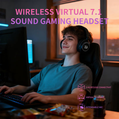 Redragon H891 Wireless Gaming Headset, Tri-Mode (2.4G/BT/Wired), 65H Battery, 50mm Drivers & 7.1 Surround Sound, Noise-Cancelling Retractable Mic, Compatible with PC, PS5, NS, Mac, Mobile