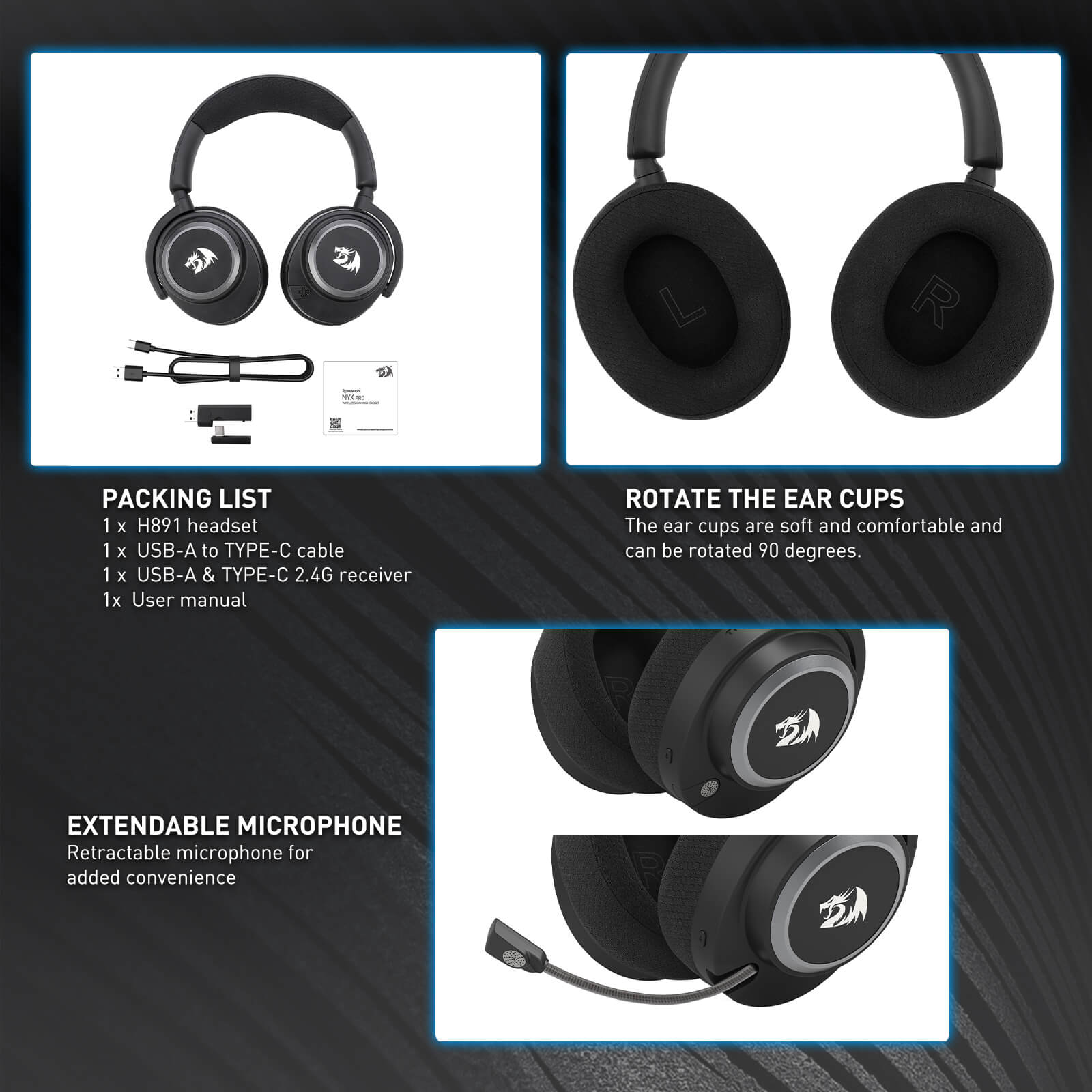 Redragon H891 Wireless Gaming Headset, Tri-Mode (2.4G/BT/Wired), 65H Battery, 50mm Drivers & 7.1 Surround Sound, Noise-Cancelling Retractable Mic, Compatible with PC, PS5, NS, Mac, Mobile