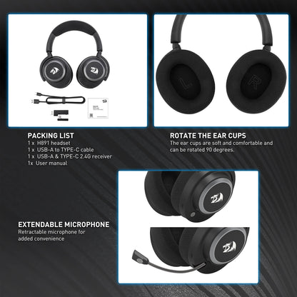 Redragon H891 Wireless Gaming Headset, Tri-Mode (2.4G/BT/Wired), 65H Battery, 50mm Drivers & 7.1 Surround Sound, Noise-Cancelling Retractable Mic, Compatible with PC, PS5, NS, Mac, Mobile