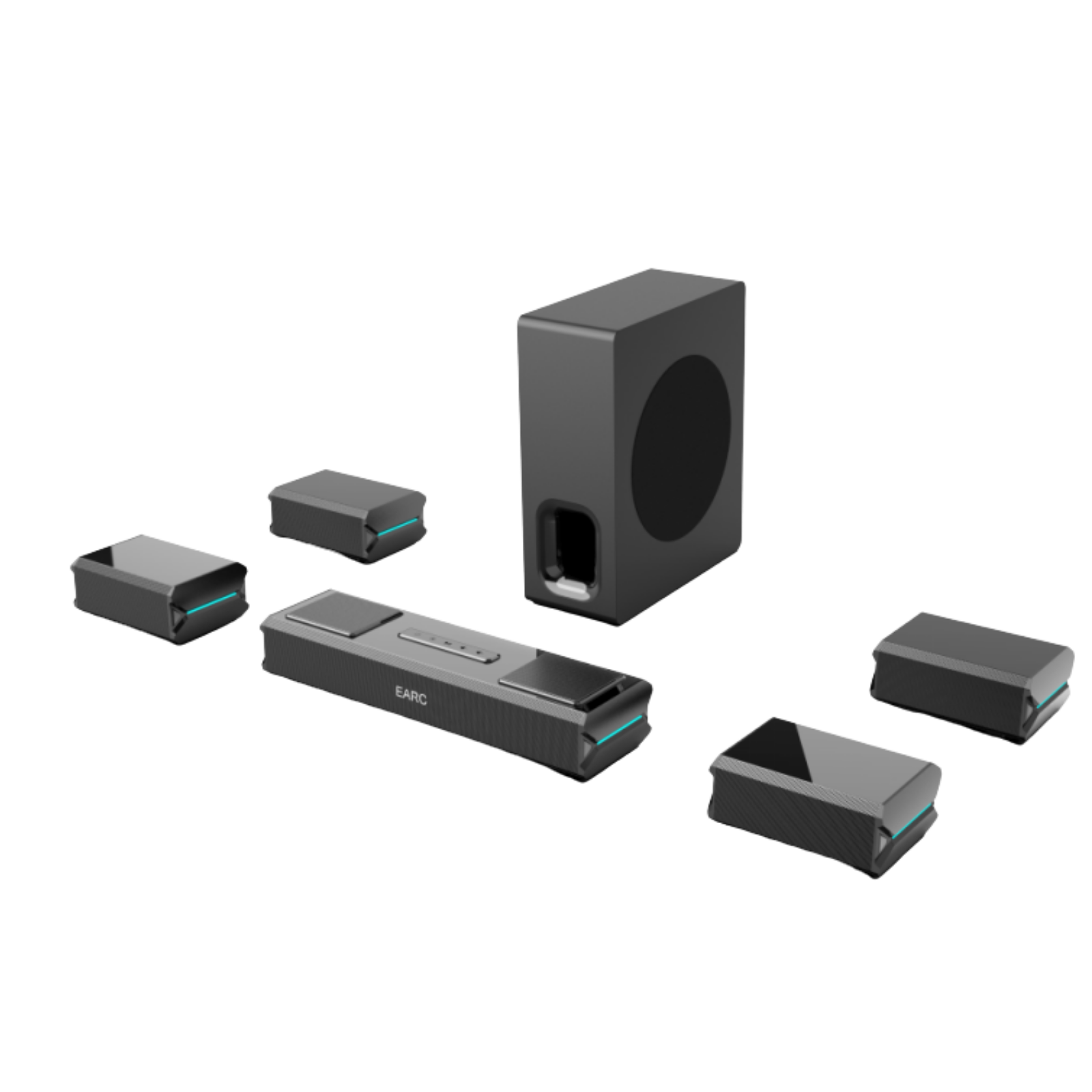 A 6-piece LARC wireless speaker system on a solid white background, featuring a central subwoofer, a central receiver, and four battery packs with teal accents.