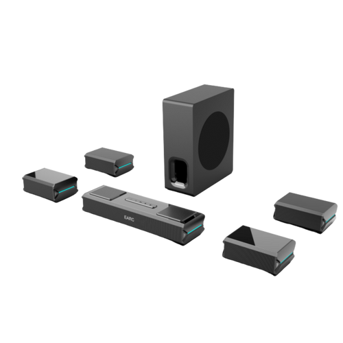 A 6-piece LARC wireless speaker system on a solid white background, featuring a central subwoofer, a central receiver, and four battery packs with teal accents.