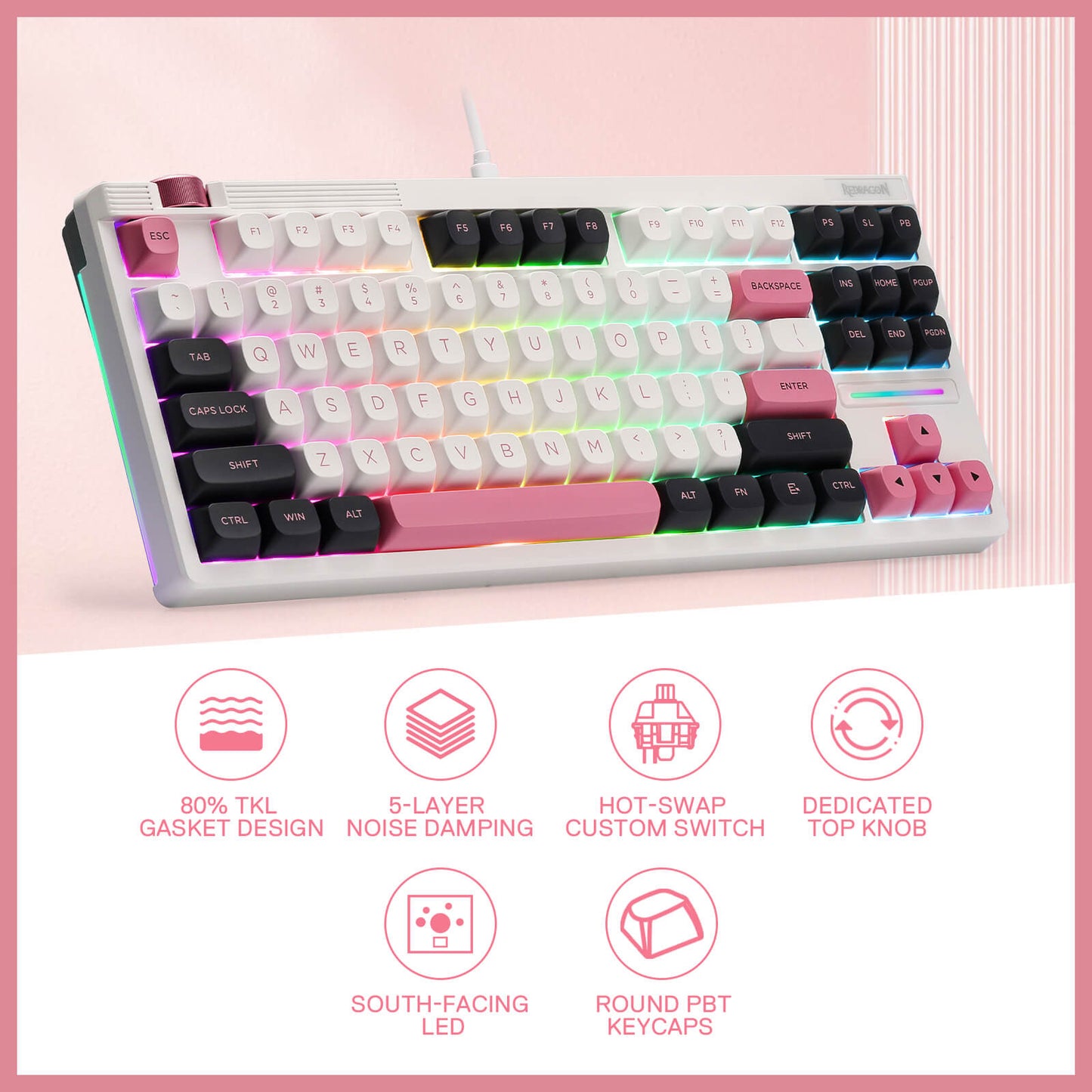 Mechanical keyboard with colorful backlighting on a pink background