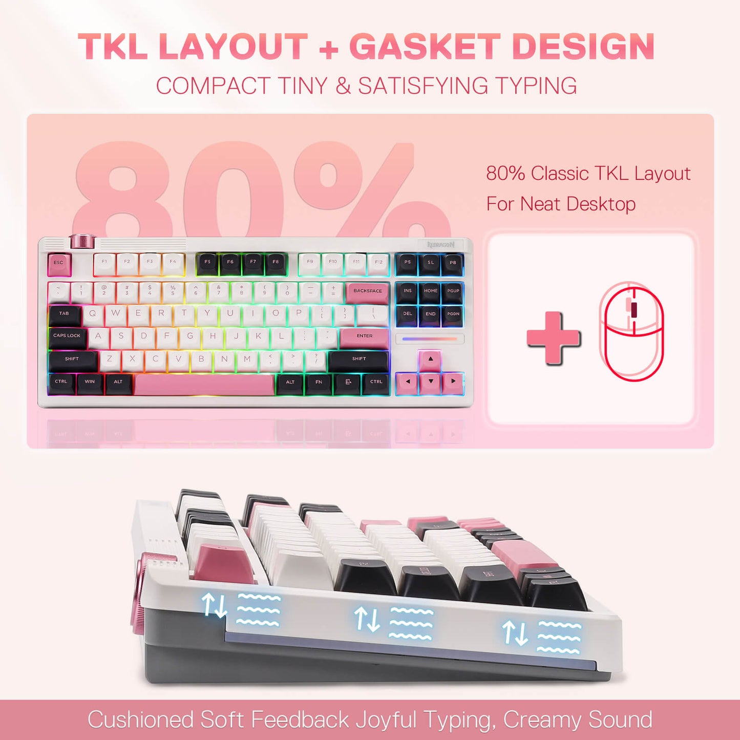 Keyboard with colorful keys and mouse on a pink background, featuring text about TKL layout and gasket design.