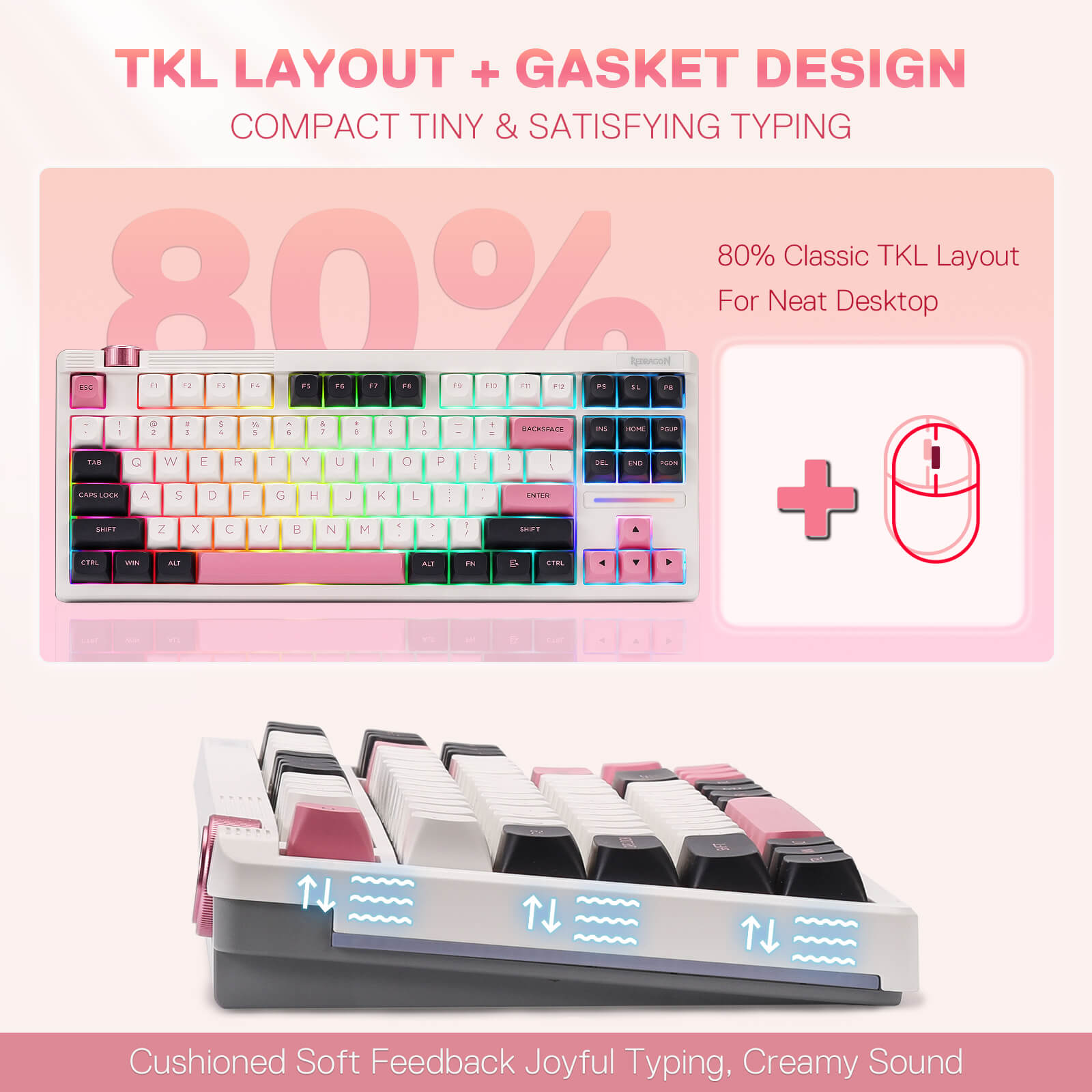 Keyboard with colorful keys and mouse on a pink background, featuring text about TKL layout and gasket design.