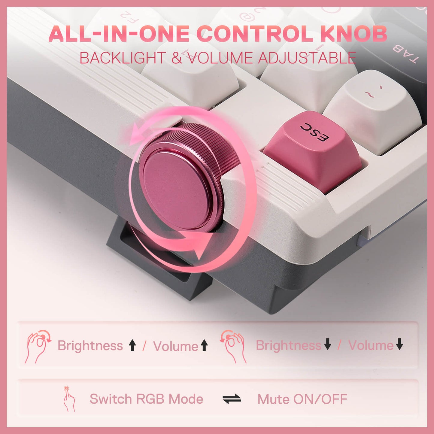 Keyboard with an all-in-one control knob for backlight and volume adjustment on a pink background.