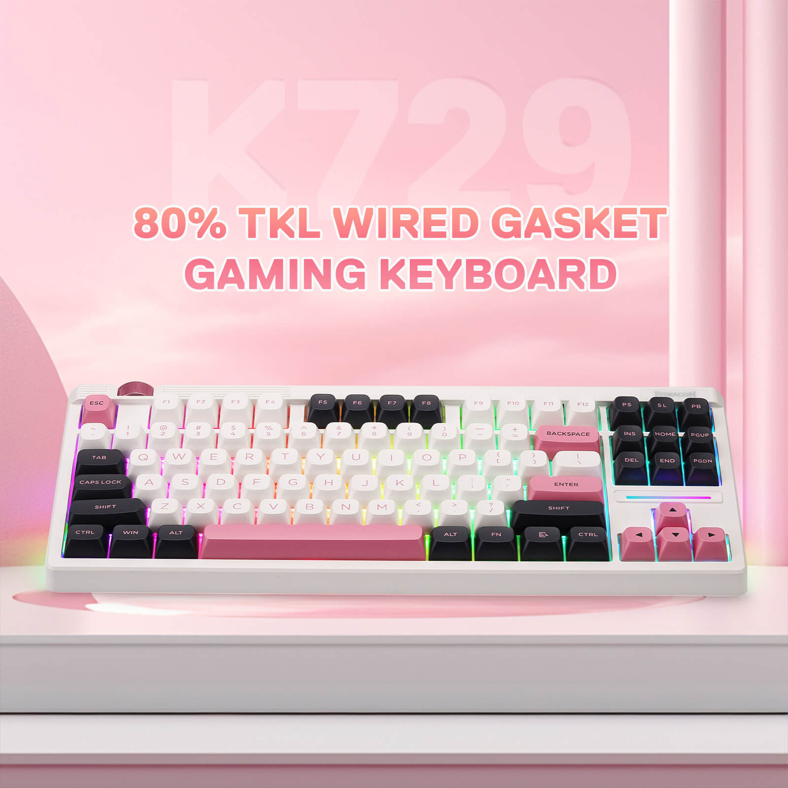 Redragon 80% TKL Wired Gasket Gaming Keyboard with colorful backlight on a pink background