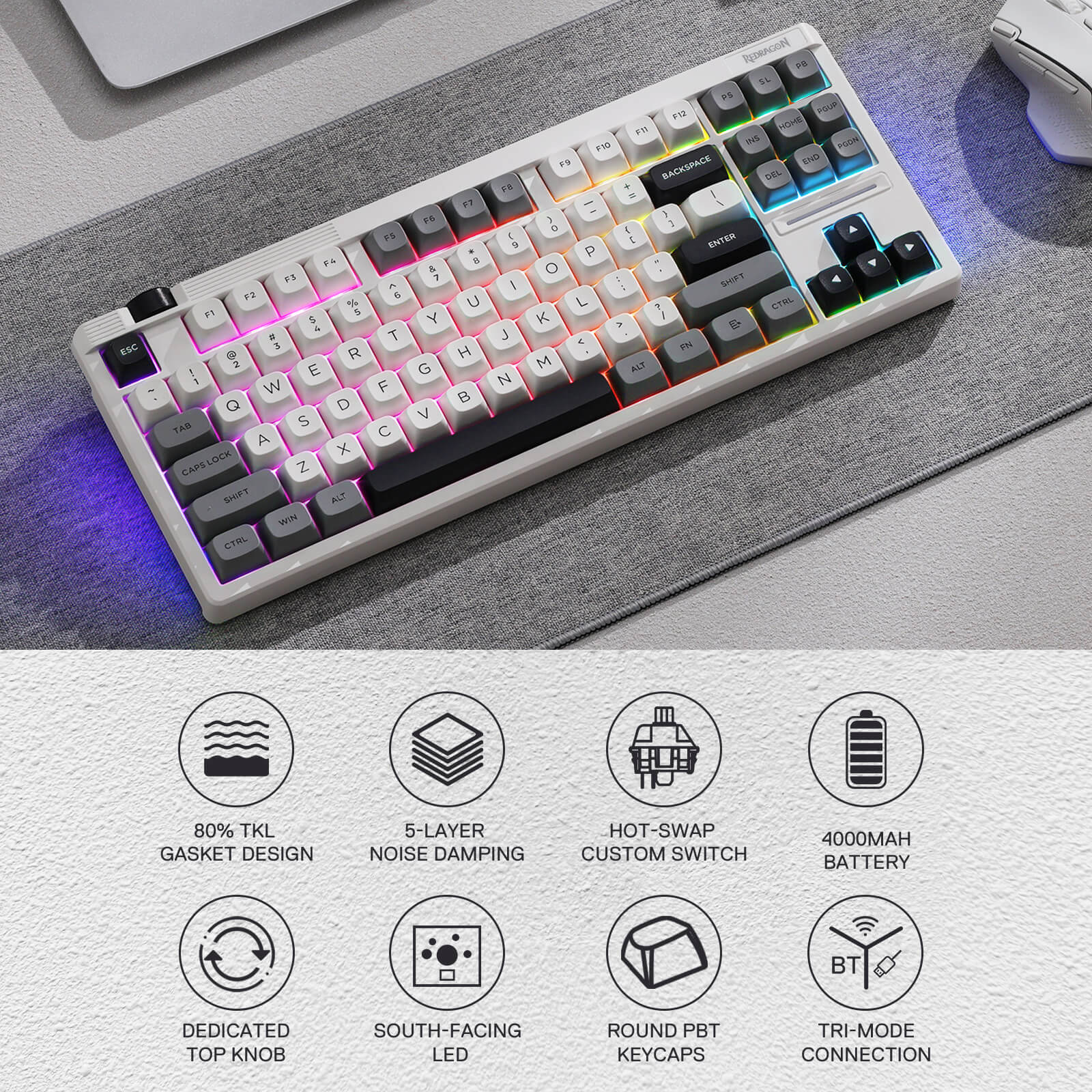 Mechanical keyboard with RGB lighting on a desk, featuring product features below.
