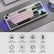 Mechanical keyboard with RGB lighting on a desk, featuring product features below.