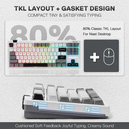 Mechanical keyboard with 80% TKL layout and gasket design on a light gray background