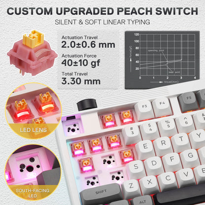 Keyboard with custom upgraded peach switches, showing switch details and keyboard layout.