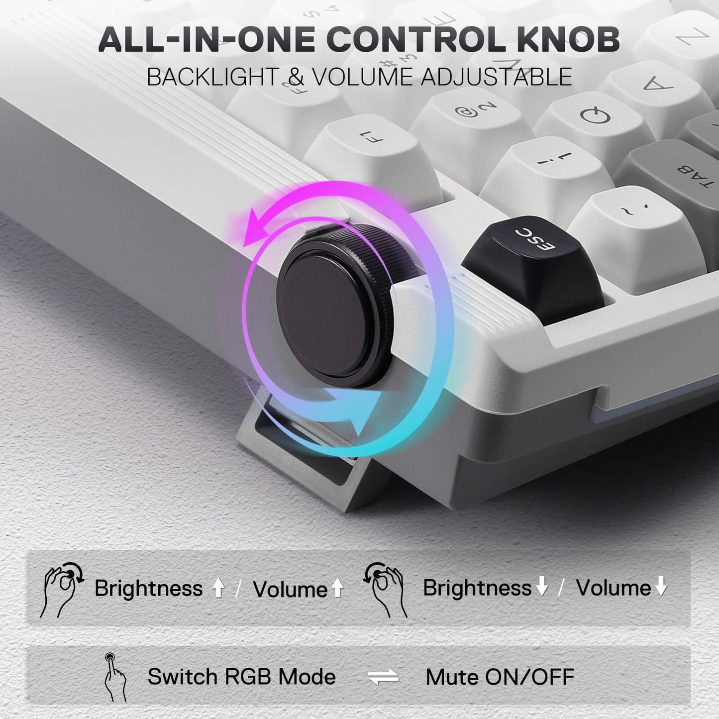 Keyboard with an all-in-one control knob for backlight and volume adjustment on a gray surface.