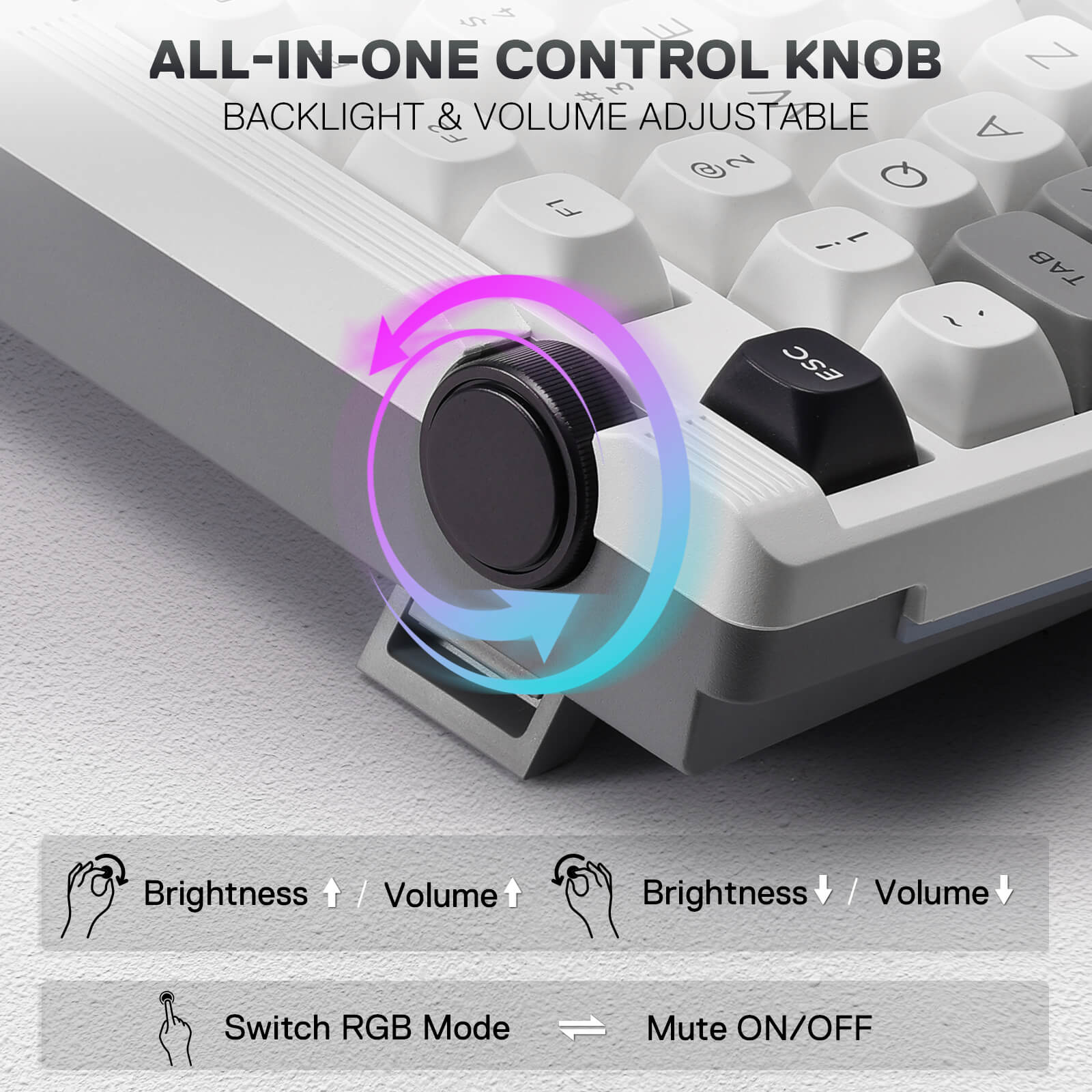 Keyboard with an all-in-one control knob for backlight and volume adjustment on a gray surface.