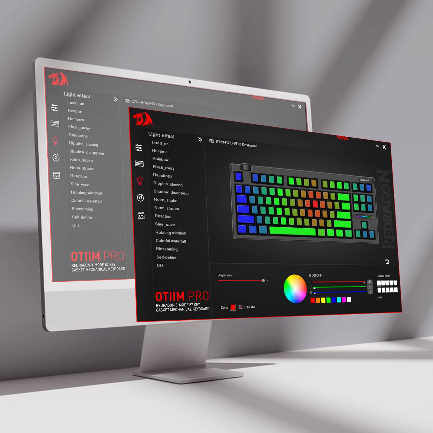 Computer monitor displaying a software interface for keyboard customization with color options.
