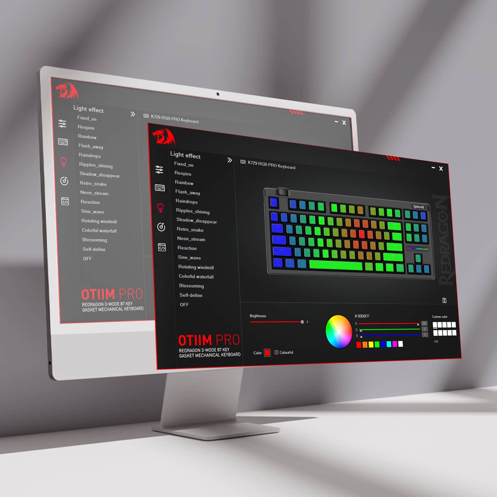 Computer monitor displaying a software interface for keyboard customization with color options.