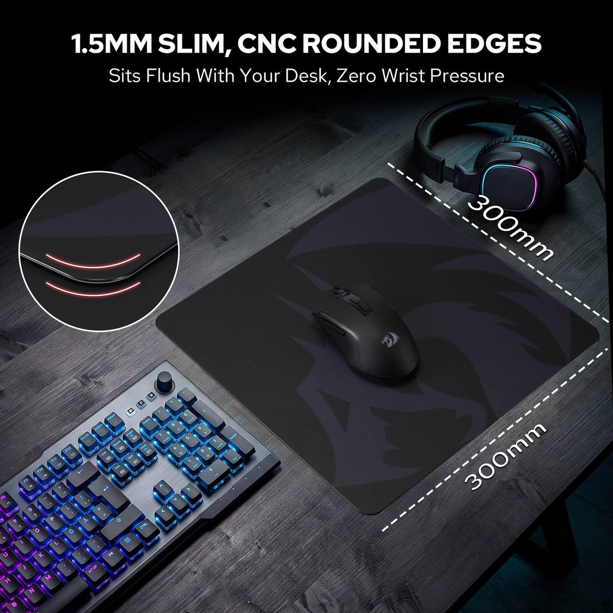 Redragon PG1M Glass Mouse Pad - 11.8 x 11.8 x 0.15 inches, Black