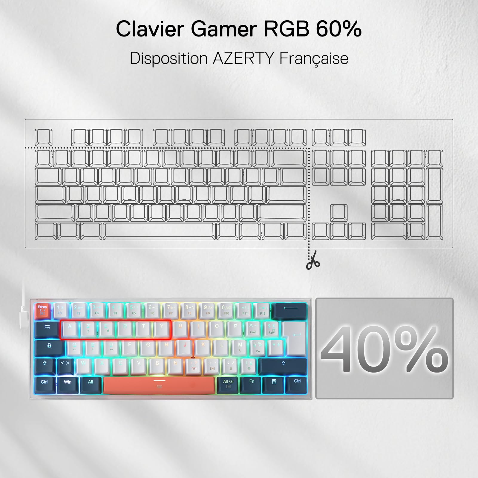 Clavier gaming Redragon K617 RGB, filaire, 60 %, clavier mécanique compact, 61 touches, commutateurs linéaires rouges, compatible avec le pilote Pro, disposition FR