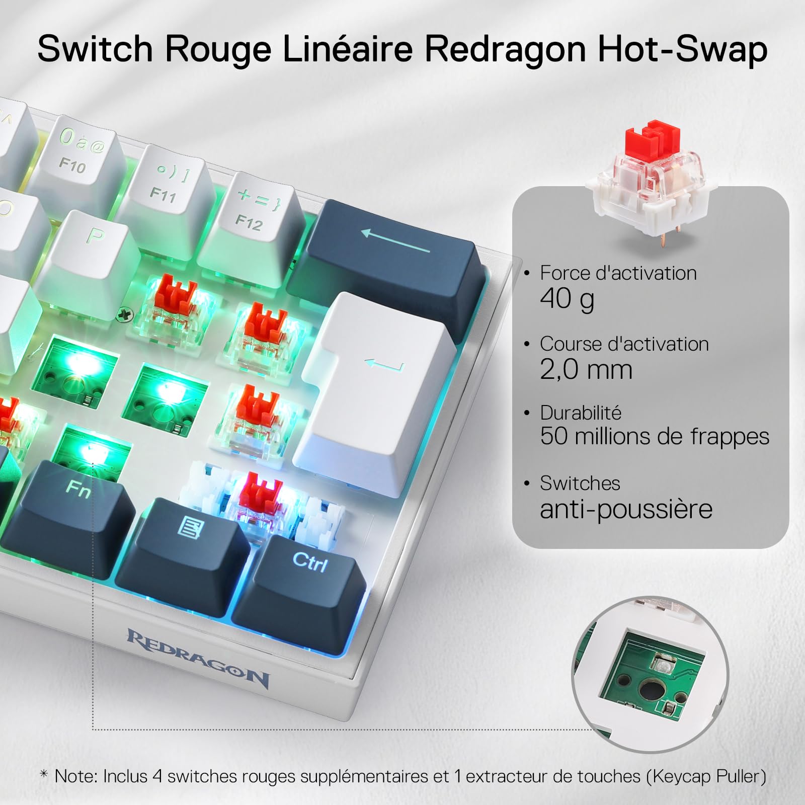 Clavier gaming Redragon K617 RGB, filaire, 60 %, clavier mécanique compact, 61 touches, commutateurs linéaires rouges, compatible avec le pilote Pro, disposition FR