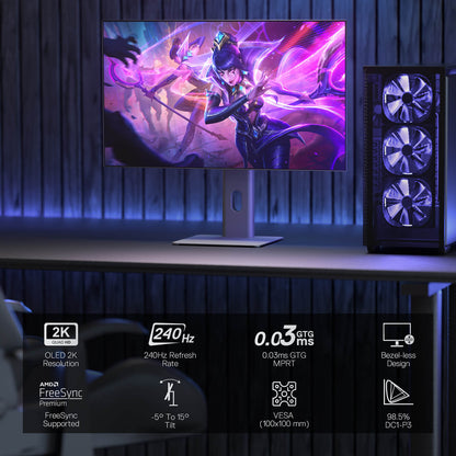 Redragon 27" OLED Flat Gaming Monitor - QHD 2560x1440, 240Hz, 0.03ms GTG, AMD FreeSync Premium, 98.5% DCI-P3, HDR10, Tilt Adjustable, HDMI/DP/Type-C Compatible, Eye Care, VESA Wall Mount