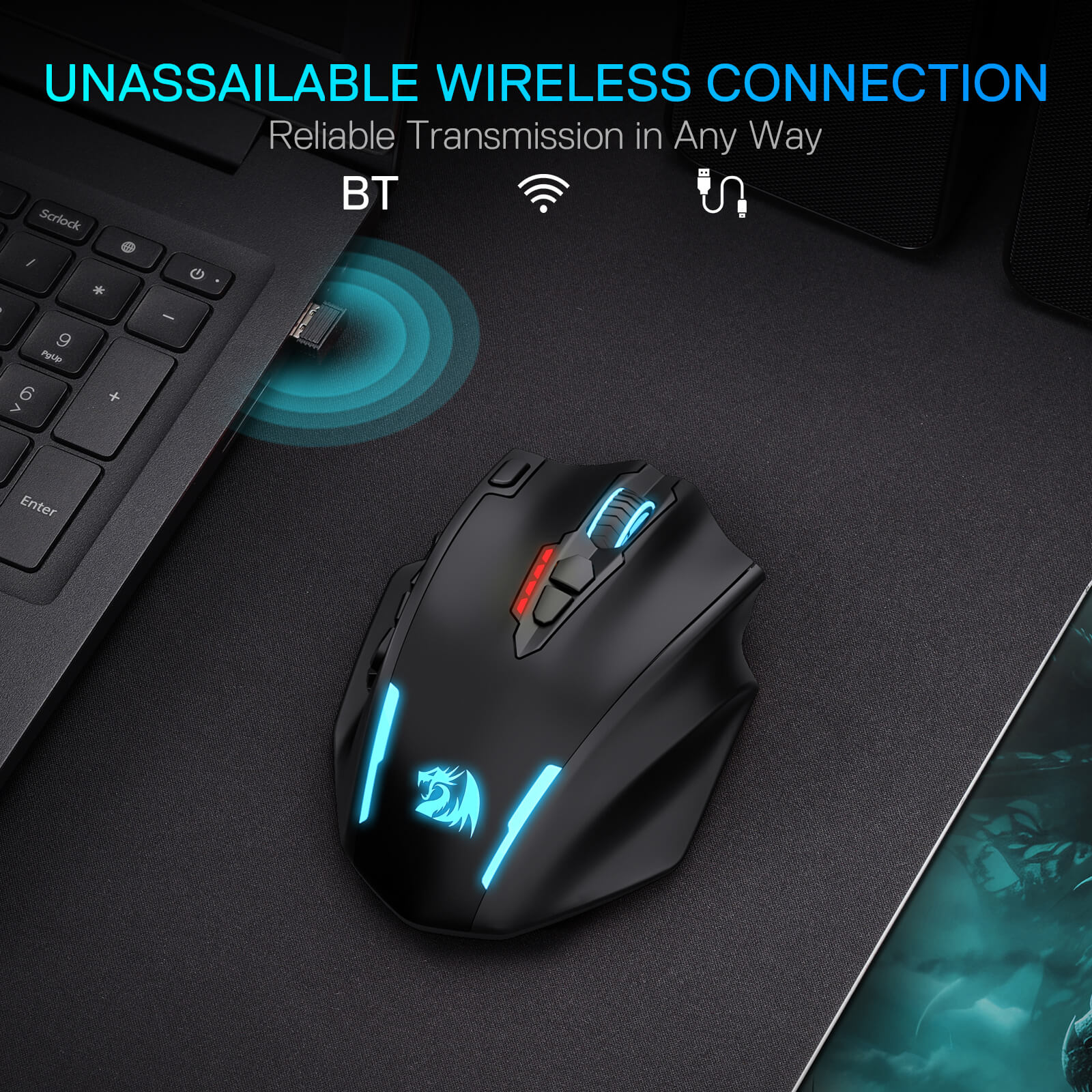 Redragon M913 Impact Elite Wireless Gaming Mouse, 16000 DPI Wired/Wireless RGB Mouse with 16 Programmable Buttons, 45 Hr Battery and Pro Optical Sensor, 12 Side Buttons MMO Mouse