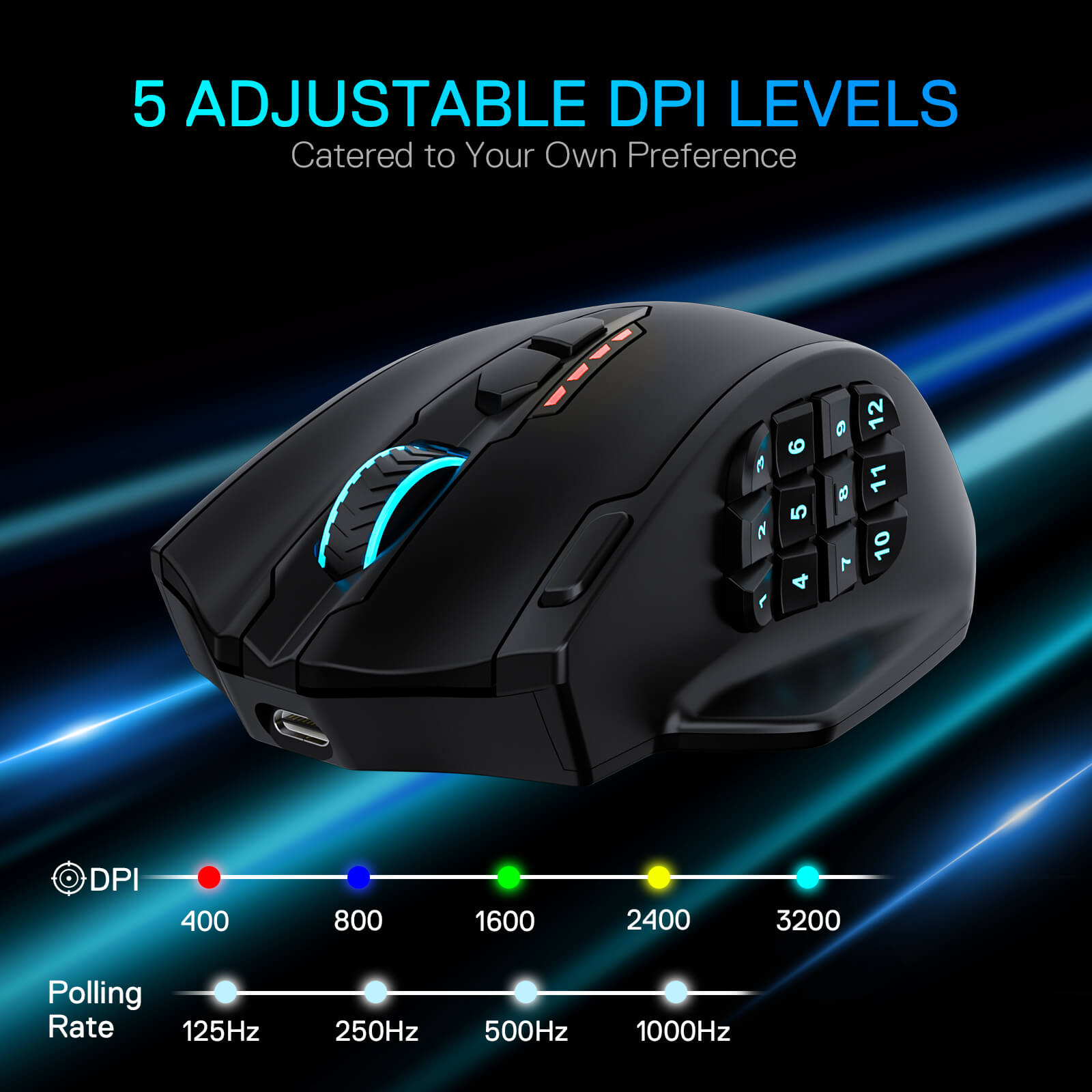 Redragon M913 Impact Elite Wireless Gaming Mouse, 16000 DPI Wired/Wireless RGB Mouse with 16 Programmable Buttons, 45 Hr Battery and Pro Optical Sensor, 12 Side Buttons MMO Mouse