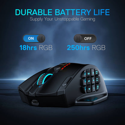 Redragon M913 Impact Elite Wireless Gaming Mouse, 16000 DPI Wired/Wireless RGB Mouse with 16 Programmable Buttons, 45 Hr Battery and Pro Optical Sensor, 12 Side Buttons MMO Mouse