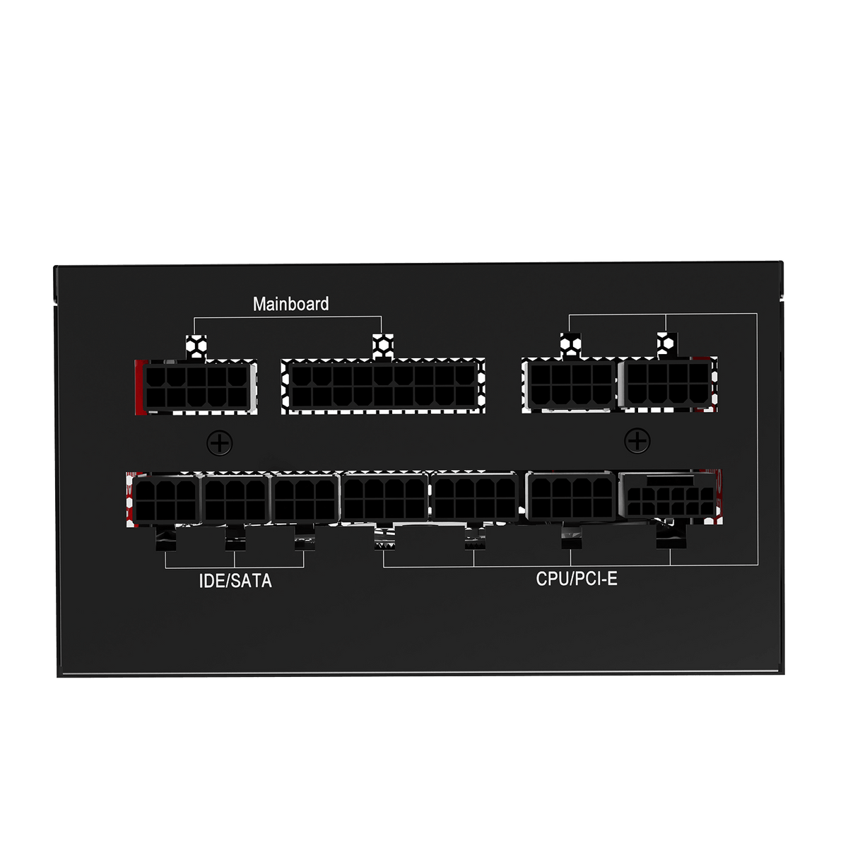 A black rectangular electronic panel or chassis with multiple terminal blocks and white schematic-style labels reading 'Mainboard', 'IDE/SATA', and 'CPU/PCI-E'.