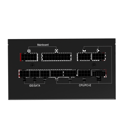 A black rectangular electronic panel or chassis with multiple terminal blocks and white schematic-style labels reading 'Mainboard', 'IDE/SATA', and 'CPU/PCI-E'.