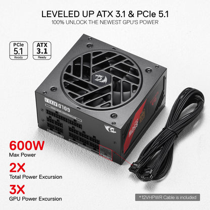 Redragon RGPS-850W PRO 80+ Gold 850 Watt Power Supply w/Upgraded ATX 3.1 & PCIe 5.1 Fully Modular, Compact 160mm Size, Smart ECO Low Noise Fan, 100% Japanese Capacitors, Full Mod Cables