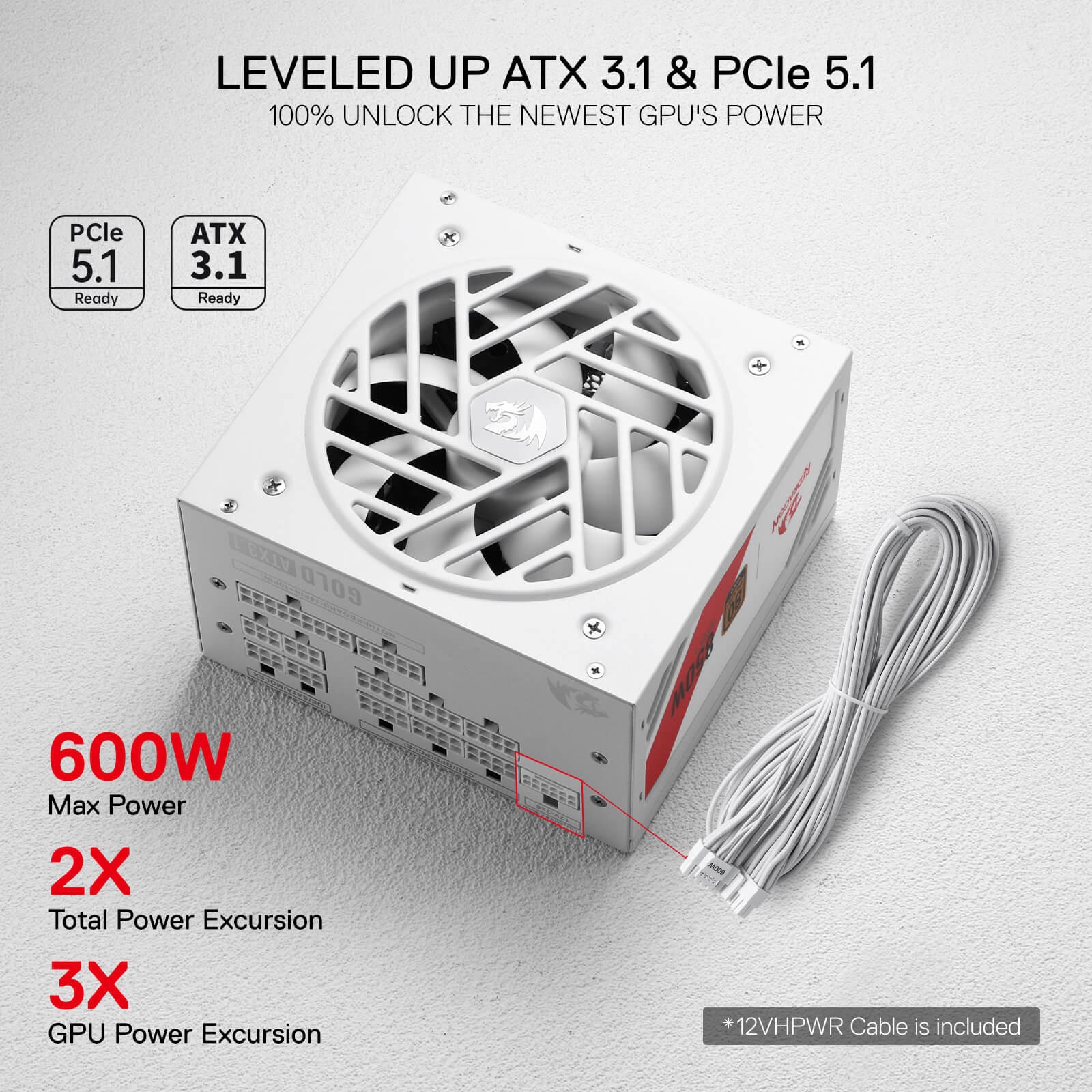 Redragon RGPS-850W PRO 80+ Gold 850 Watt Power Supply w/Upgraded ATX 3.1 & PCIe 5.1 Fully Modular, Compact 160mm Size, Smart ECO Low Noise Fan, 100% Japanese Capacitors, Full Mod Cables