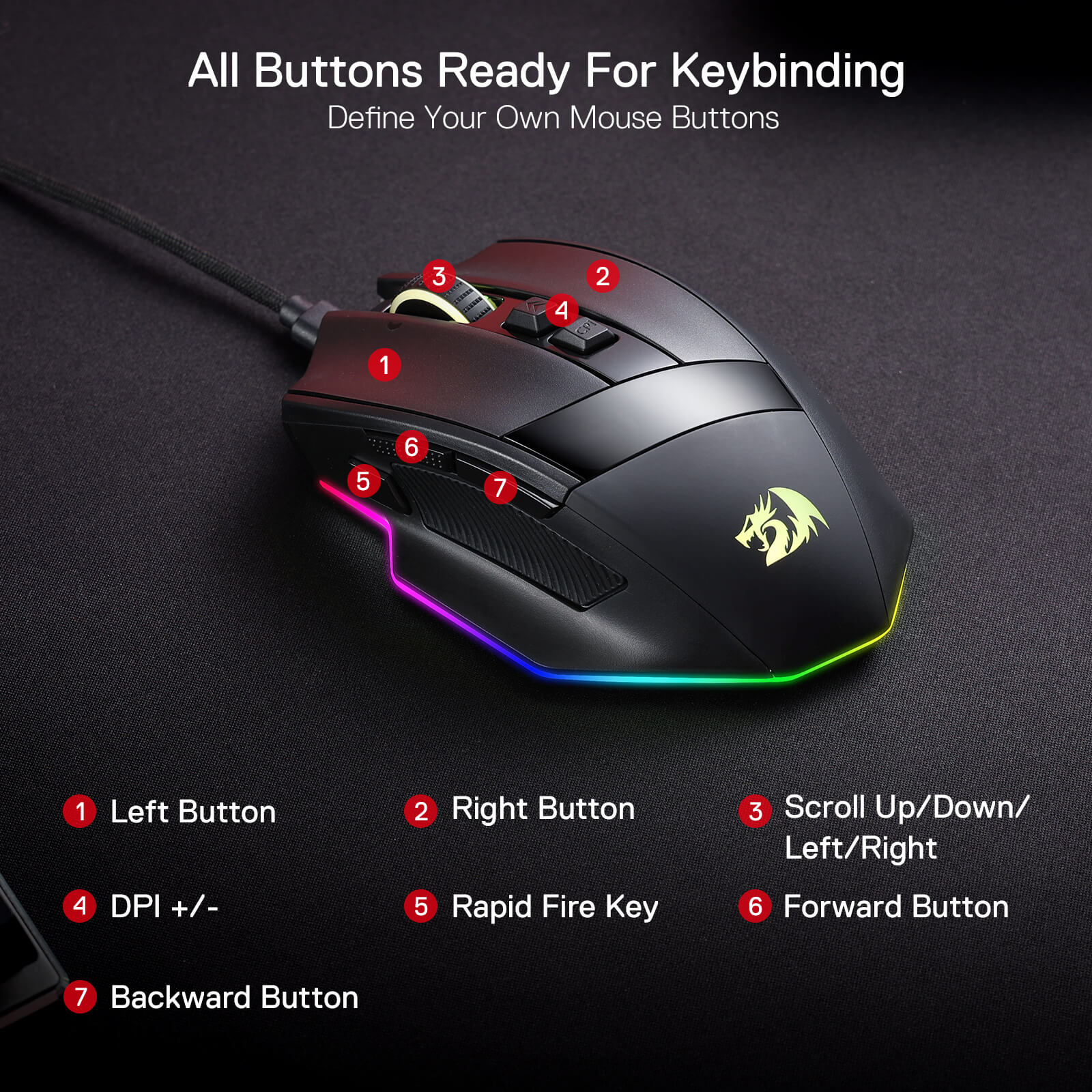 Redragon M813 Wired RGB Gaming Mouse with 4D Dual Mode Scroll Wheel, Optical Ergonomic Gamer Mouse with Max 16,000DPI, High Precision Sensor 3395, 7 Redefinable Macro Buttons, Software Supported