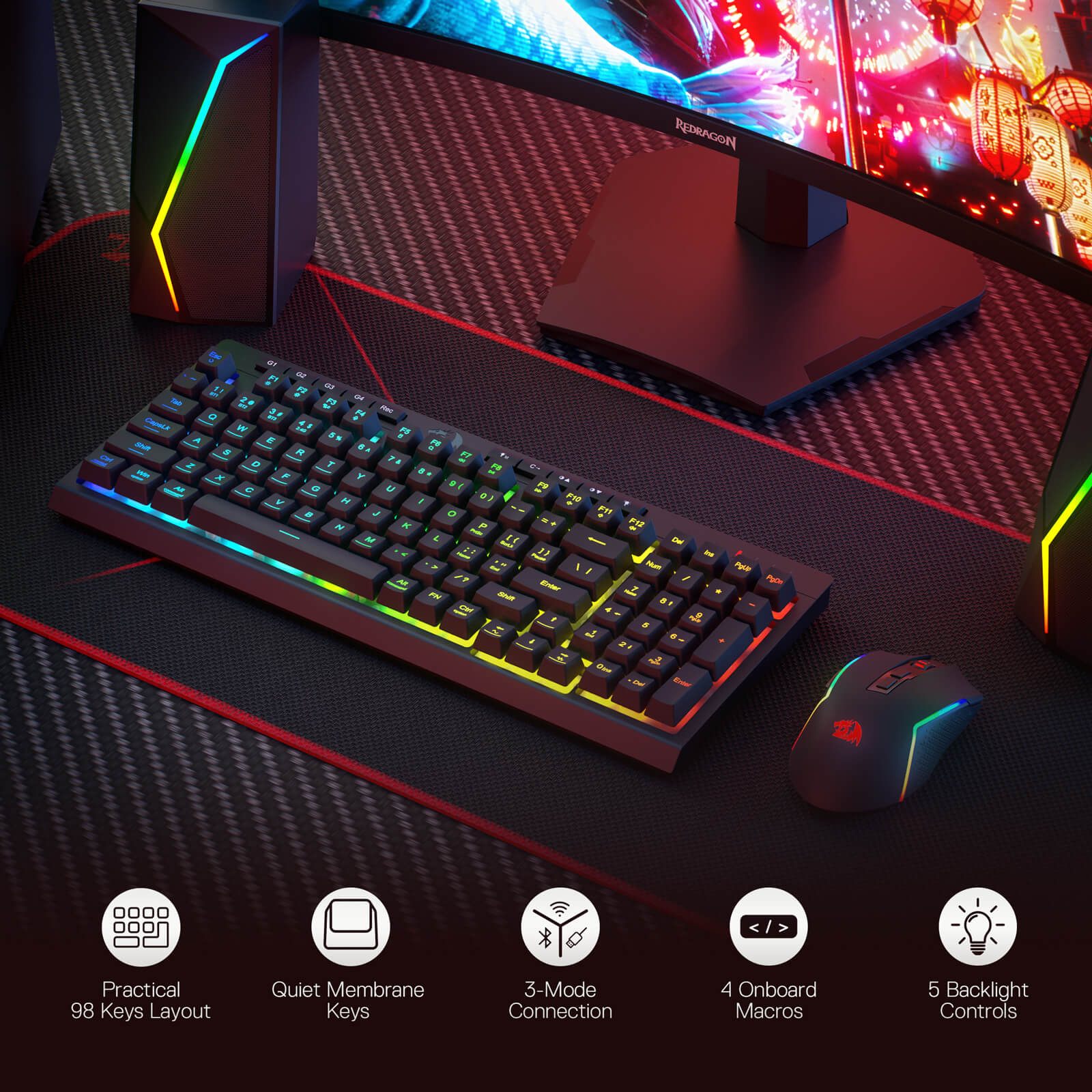 Redragon S142 Wireless Gaming Keyboard & Mouse Combo, 98 Keys K515 PRO Wireless RGB Membrane Keyboard and 4800 DPI Wireless 2.4Ghz Gaming Mouse Bundle, Convenient Shared Dongle