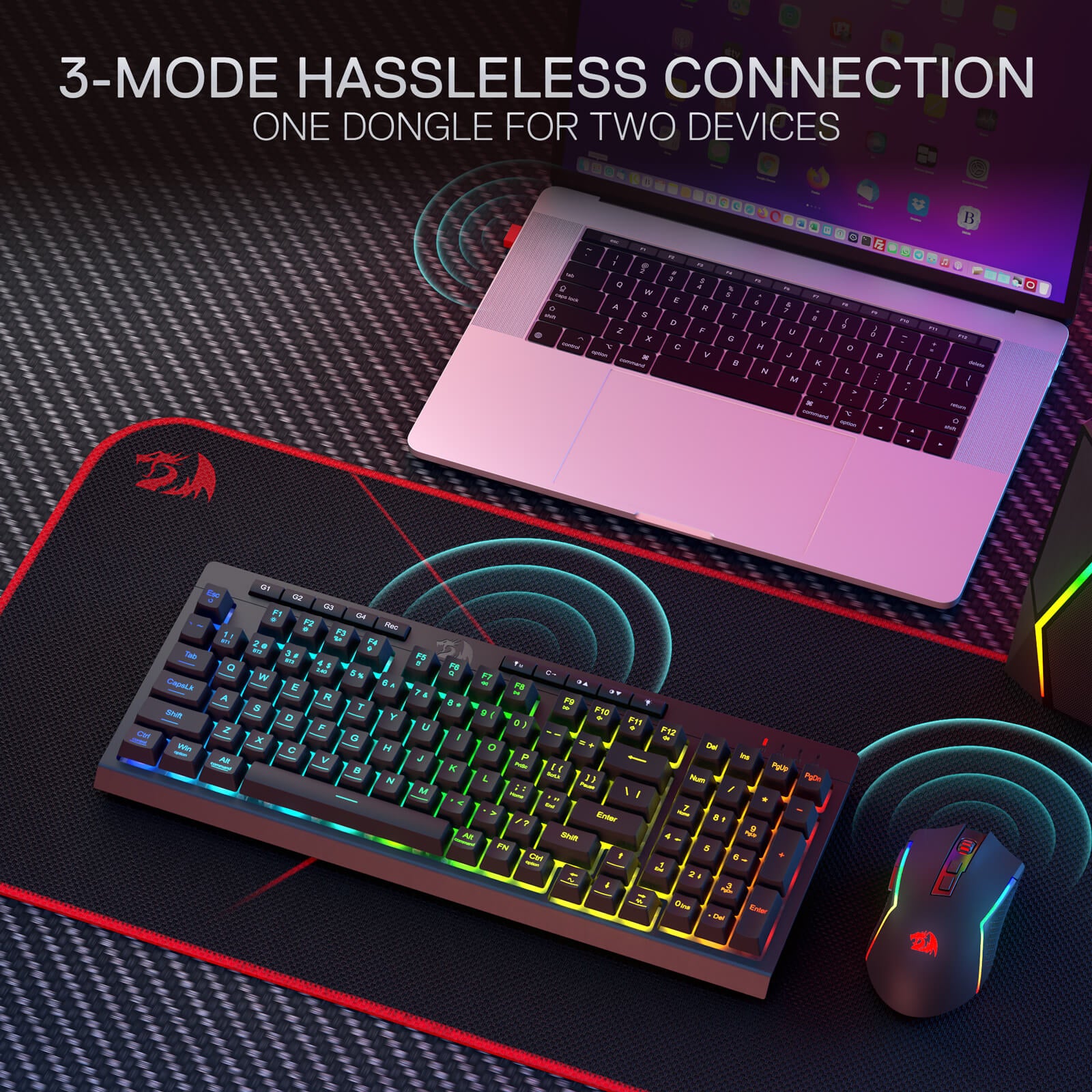 Redragon S142 Wireless Gaming Keyboard & Mouse Combo, 98 Keys K515 PRO Wireless RGB Membrane Keyboard and 4800 DPI Wireless 2.4Ghz Gaming Mouse Bundle, Convenient Shared Dongle