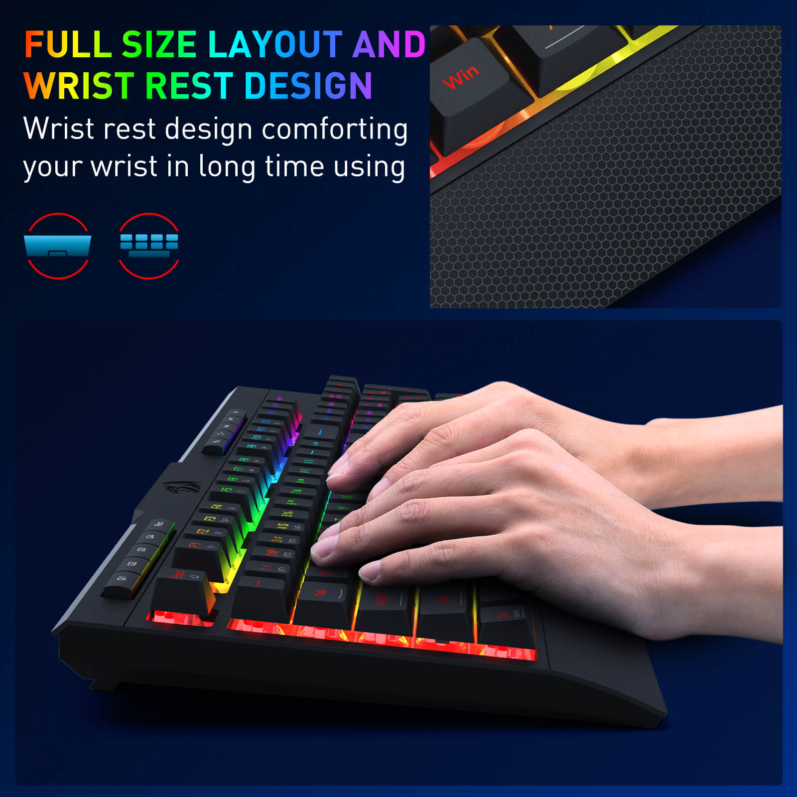 Gaming keyboard with RGB lighting and wrist rest design on a dark background