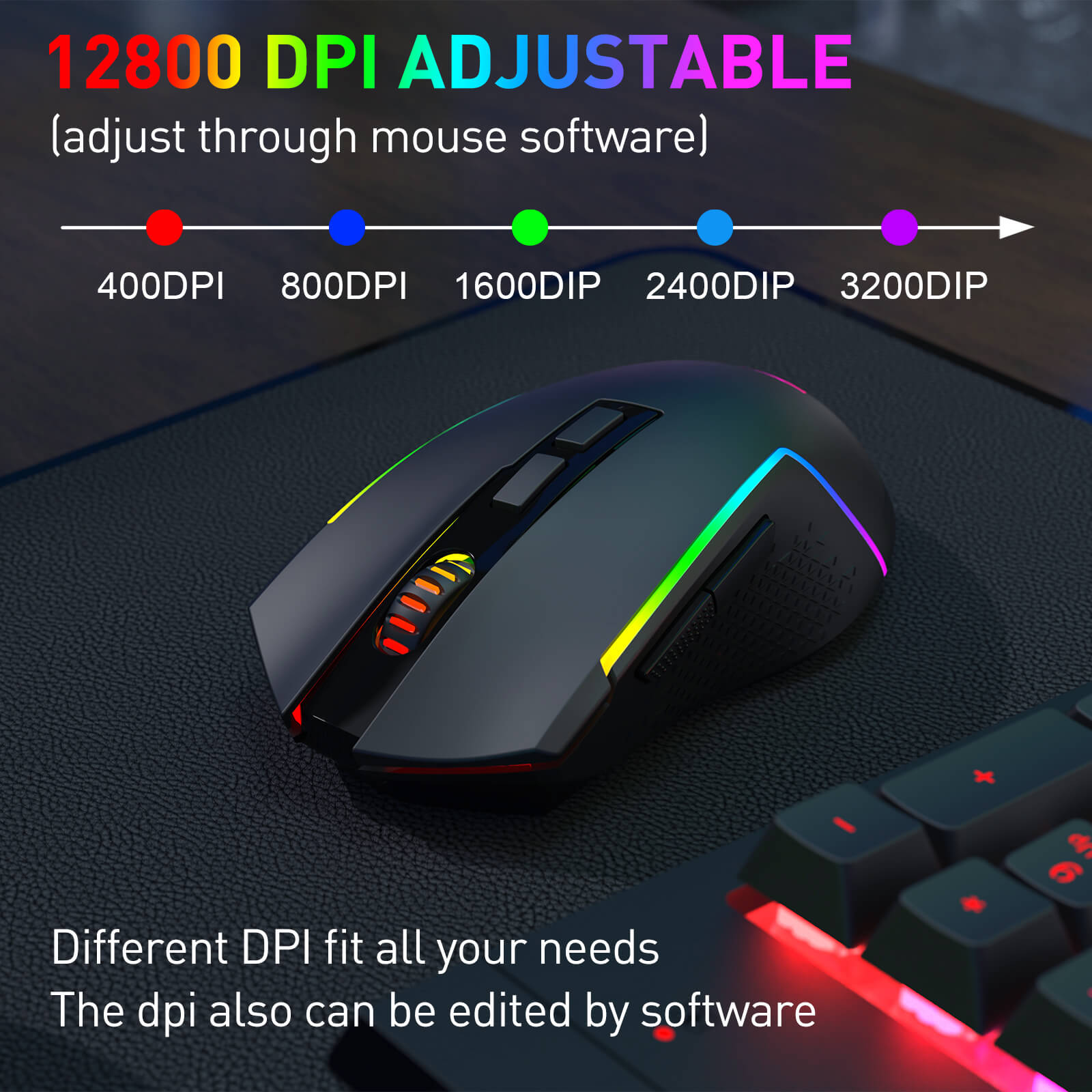 Gaming mouse with RGB lighting on a dark surface, showing DPI adjustment options.